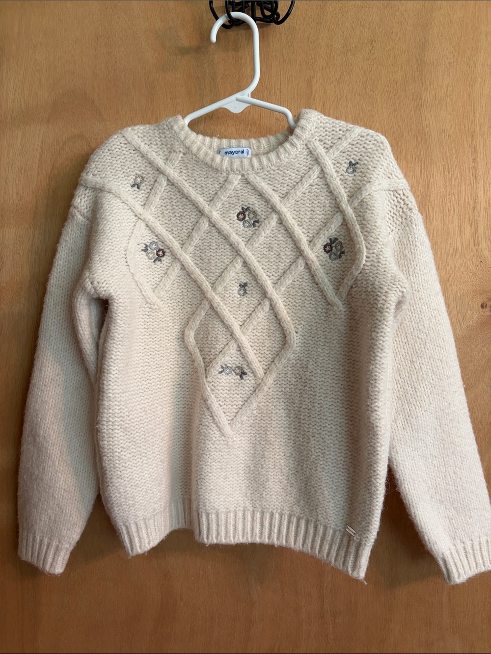 Mayoral Girls Garbanzo Diamond Knit Crewneck Sweater with Floral Embroidery. 7